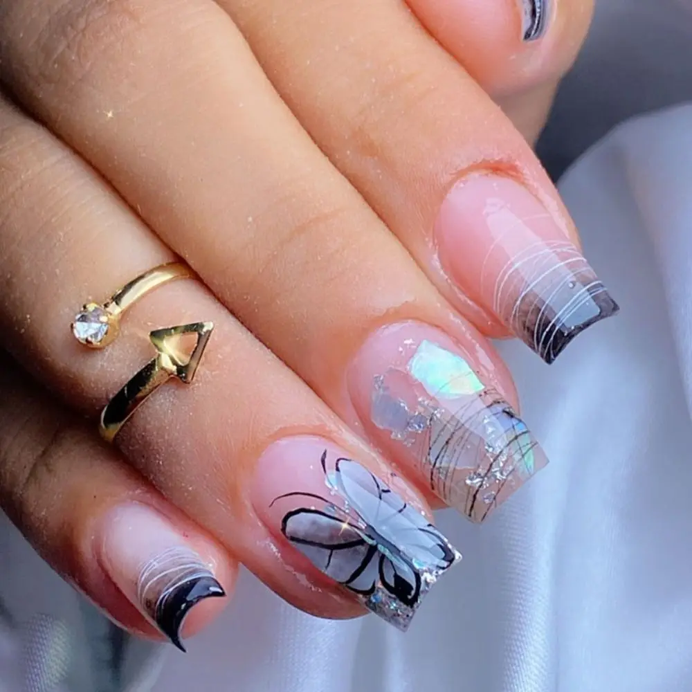 

24pcs Nail Tips Press on Nails Fake Nials White Edge Long Square Flowers Glitter False Nails French
