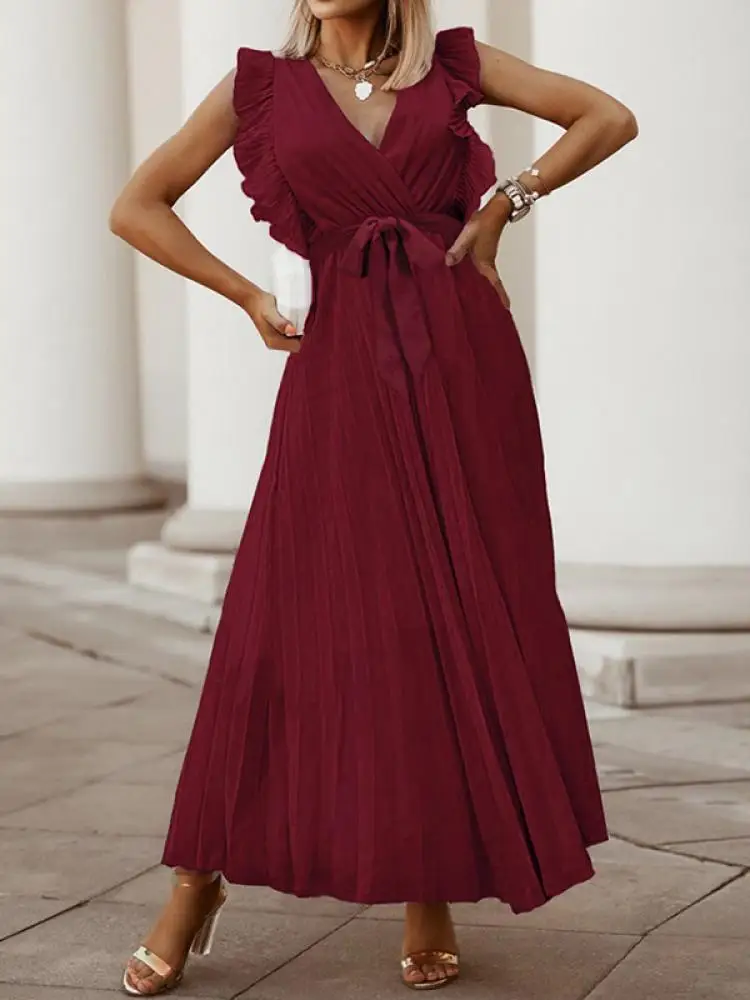 

Freeacy Women's Pleated Dress 2023 Summer New Solid Color Sleeveless V-neck Lace Up High Waisted Elegant Party Dresses for Women