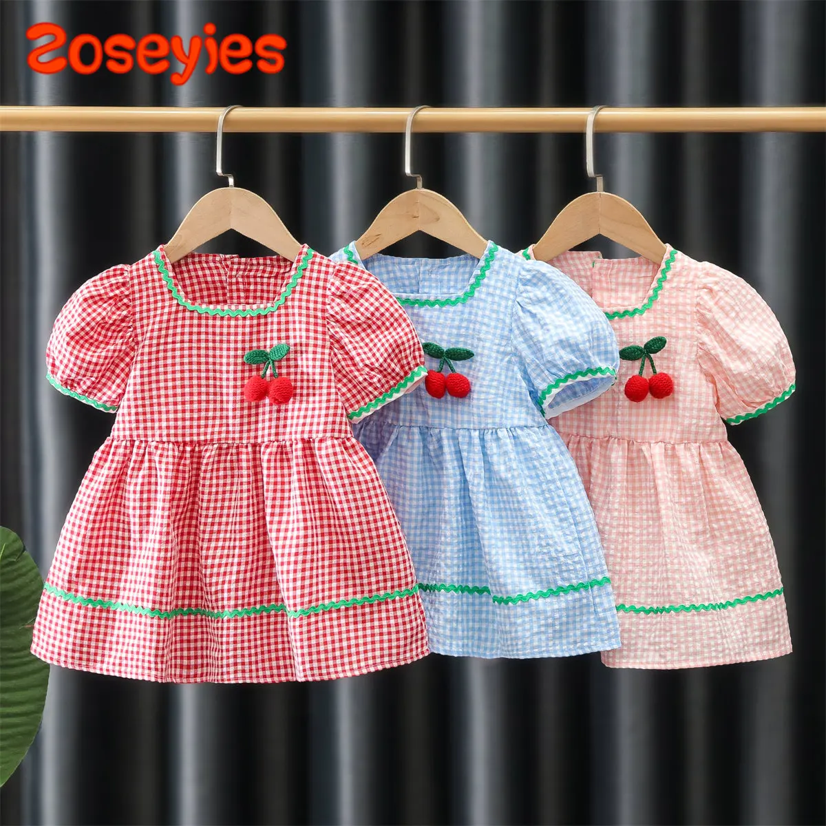 

Летнее платье для маленьких девочек, декоративное клетчатое платье до колена с коротким рукавом и юбкой в виде вишни