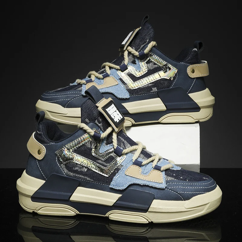 

Кроссовки мужские джинсовые, дышащие сникерсы на платформе, на шнуровке, повседневные низкие, 2022