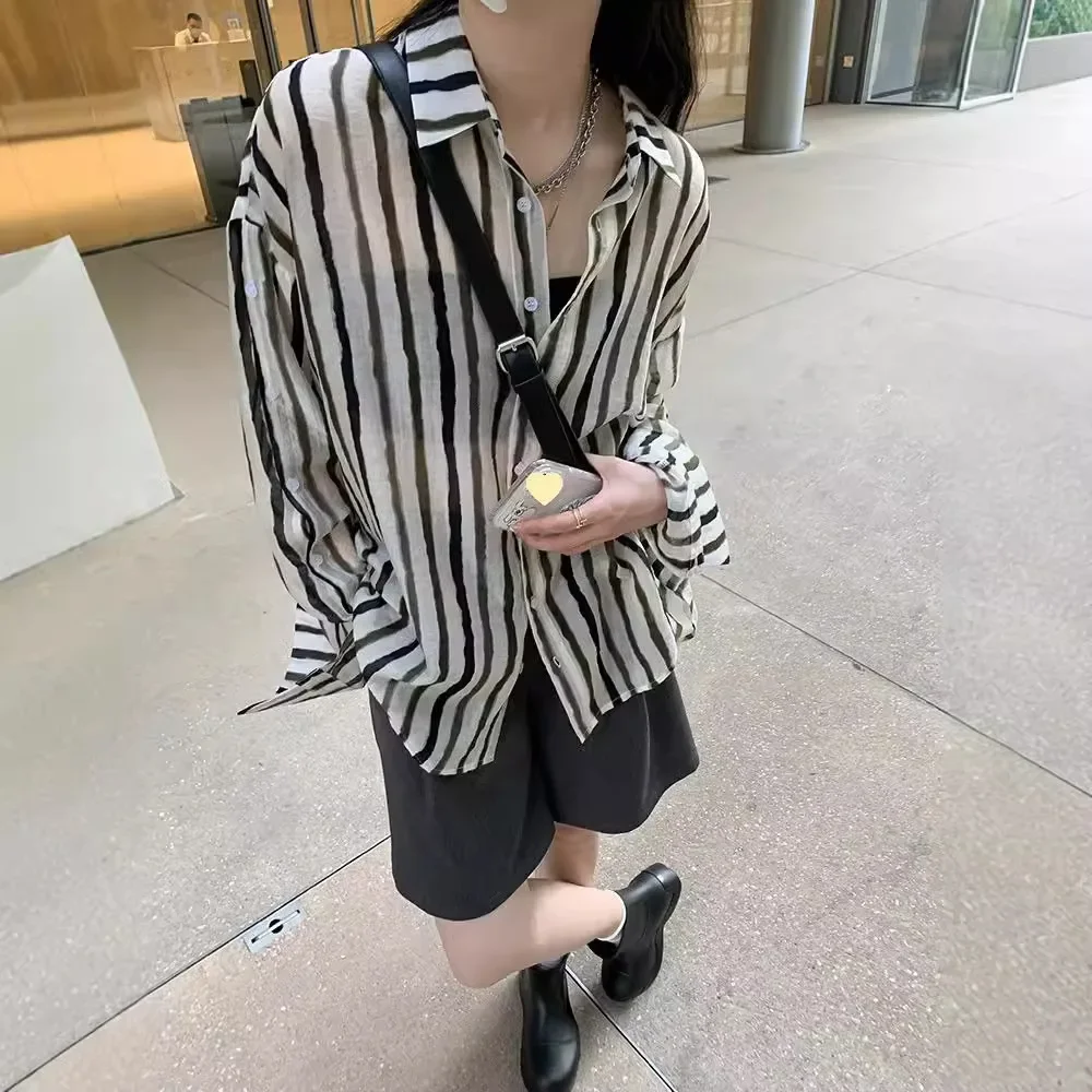 Полосатый топ с длинными рукавами женский летний тонкий стиль 2024 новый дизайн