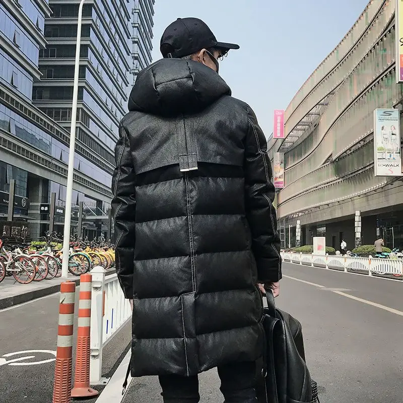 Men's Jacket Parkas Men's Winter Jackets Men's Cold Jacket Long Coat Hooded PU Leather Thicken and Keep Warm Cotton-padded Coat