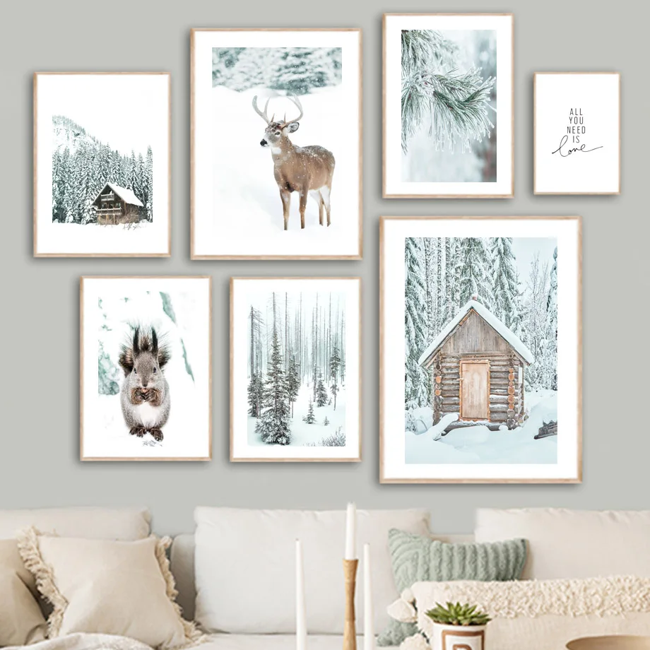 Северная белка Снежная сосна домик в лесу Художественная Картина на холсте