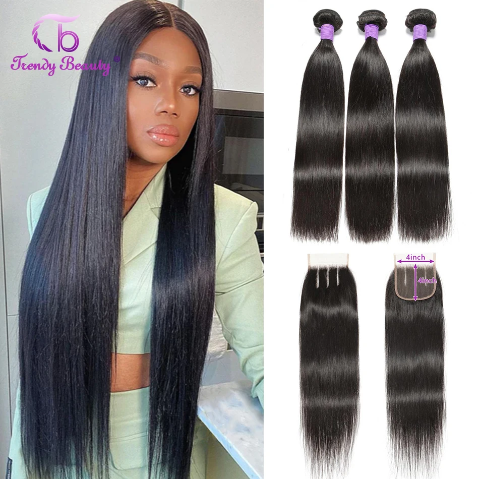 Indian Straight Hair 3 Bundles With 5x5 Closure Natural Color 100% Human Hair Weaves Free Shipping Bundles With Closure 4Pcs