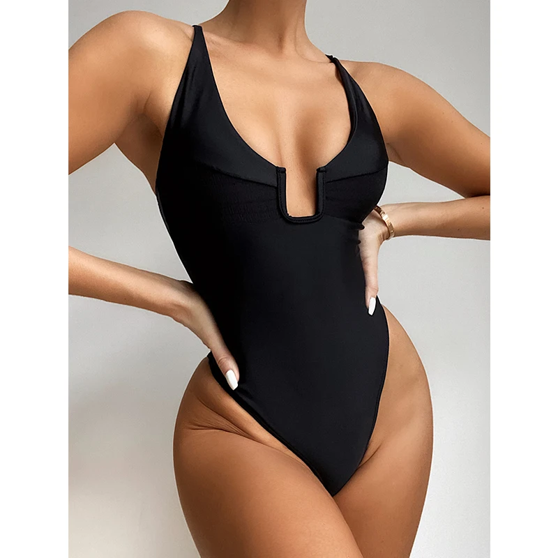 Сексуальный цельный купальник с V-образным вырезом женский новинка 2022 однотонный