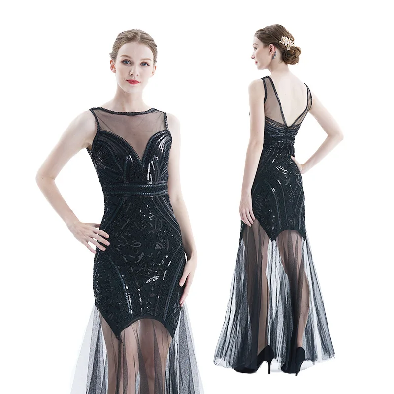 

Women 1920s Great Gatsby 20s Flapper MAXI Dress Vintage V Neck Mesh Wedding Dress Party Prom Costumes CHARLESTON COSTUME Vestido