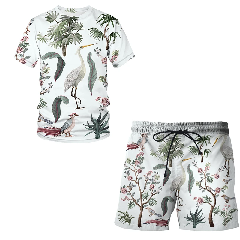 

Flower, bird and plant illustration Children's Short-Sleeved Suit 3D Printing Man / Woman Casual Fashion Shorts + T-Shirt Tops
