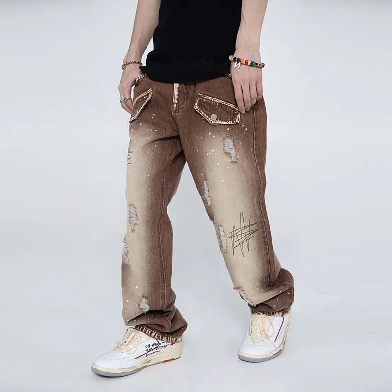 

American Retro Washed Distressed Embroidery Jeans Men's Worn High Street Straight Pants Hip Hop Splash Ink Baggy Ripped Trousers