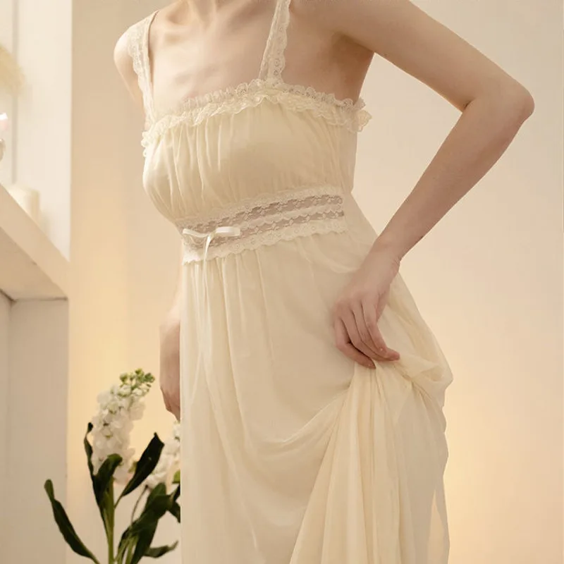 French Palace Sleepwear Women Lace Fairy Sling Nightdress Princess Nightdress Sexy Night Dress Lingerie Winter Nightgown