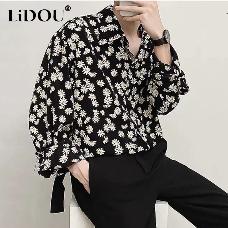 Spring Autumn New Oversized Korean Fashion Print Blouse Man Long Sleeve Flower Button Shirt Casual Loose Tops Streetwear Clothes