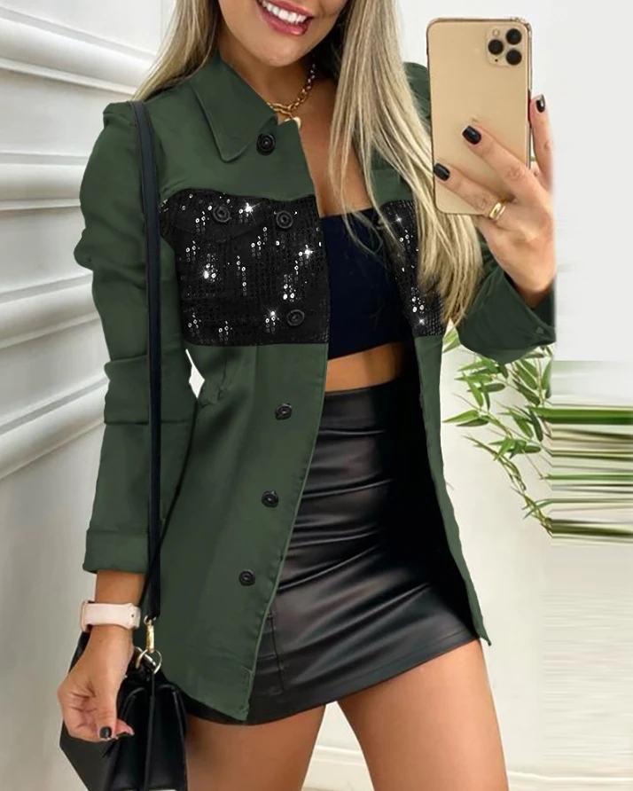 

Contrast Sequin Button Front Long Sleeve Coat