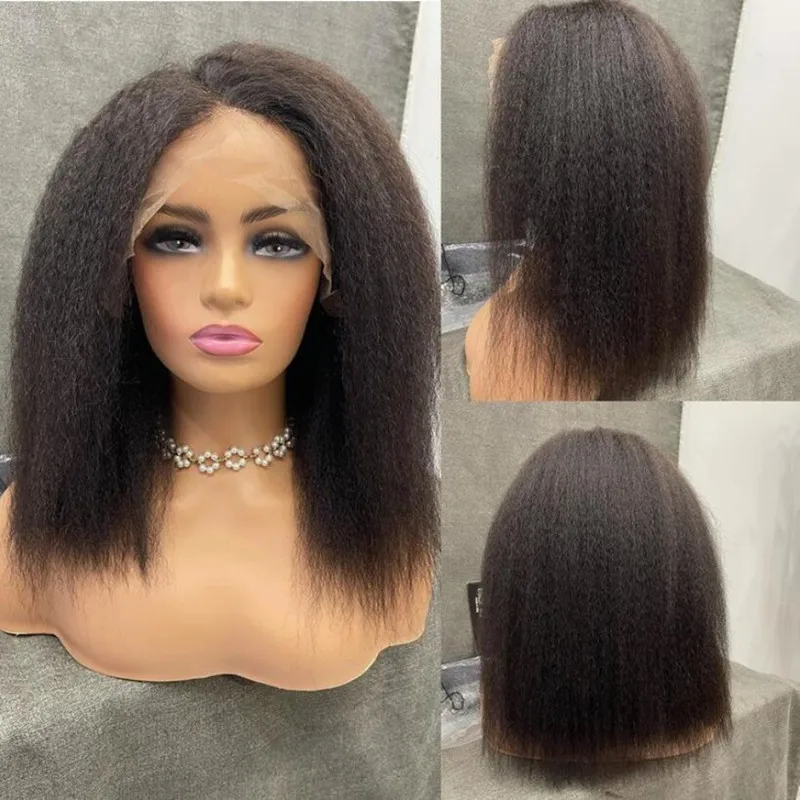 

Натуральный черный короткий парик Боб, курчавый прямой парик Yaki на сетке спереди, плотность 180% для черных женщин с детскими волосами, парик без клея