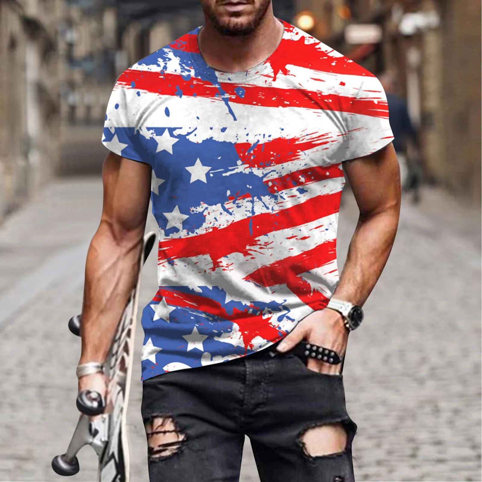 

Рубашка мужская с круглым вырезом, короткий рукав, топ с американским флагом, уличная одежда свободного покроя, День независимости США, 4 июля