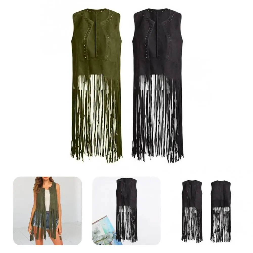 

Women Long Tassels Suede Vest Soft Suede Women Vest Vintage Fringed Suede Vest Women's Open Front Hollow Hole for Ladies