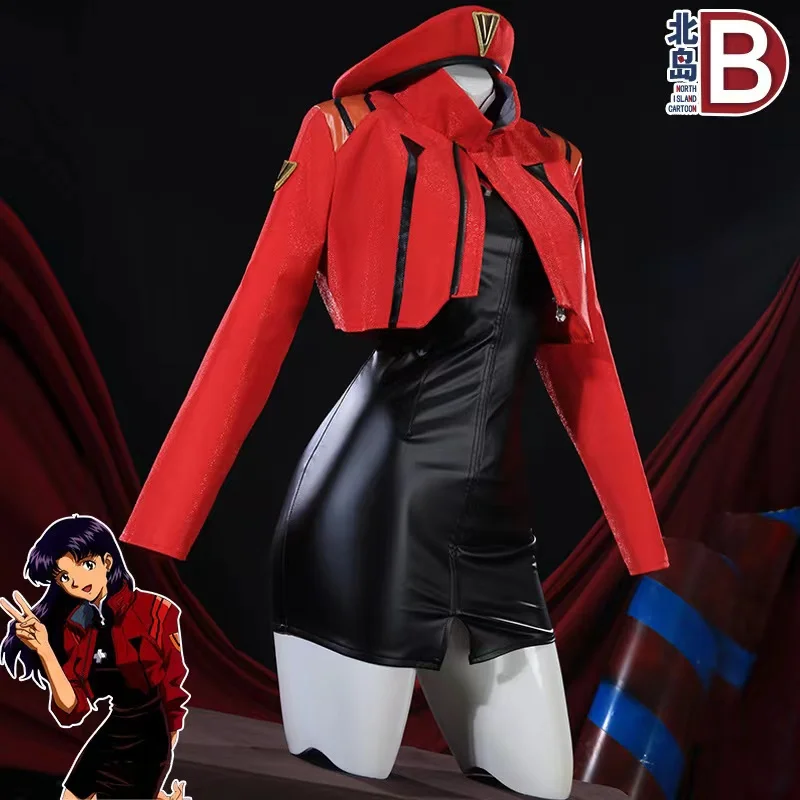 

2023 EVA Misato Katsuragi Cosplay Costume Hat+Overcoat+Black Dress