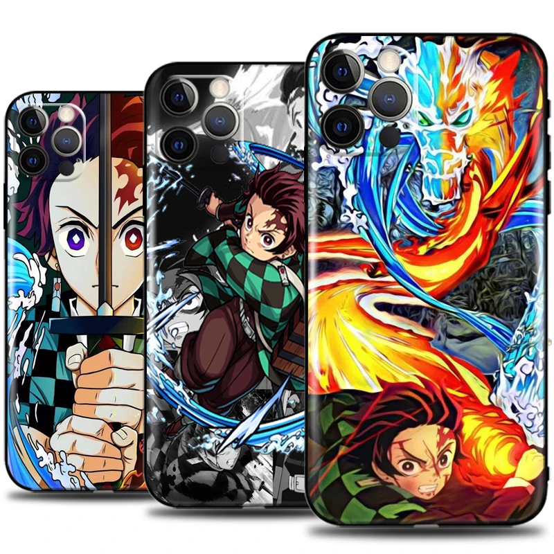 

Japan Anime Demon Slayer Phone Case For iPhone 13 12 11 Pro Mini X XR XS Max 5 5s 6 6s 7 8 Plus Back Coque Soft TPU Black