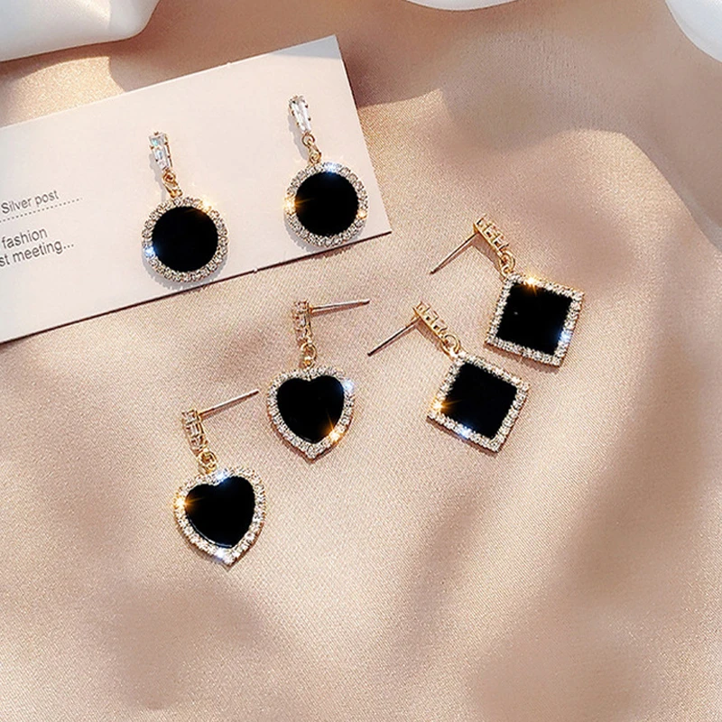 

Rhinestone Geometric Drop Earrings for Women Korean Fashion Black Color Dangle Earring Female Elegant Jewelry Freeshipping