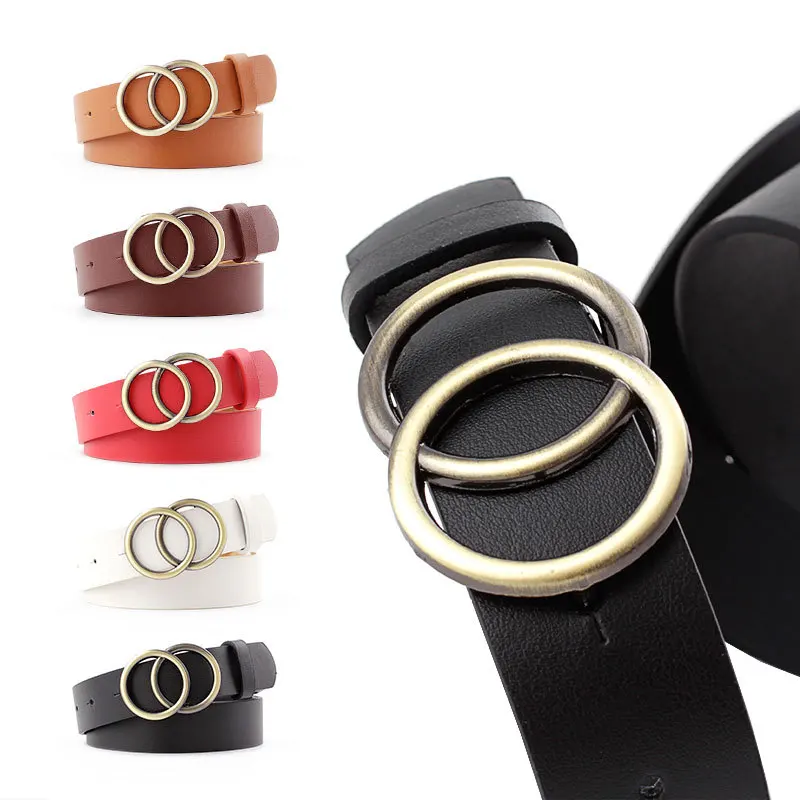 

Double Ring Circle Button Belt Leisure Jeans Fashion Dress Women Leather Belt Simple Solid Color Girls Adjustable Waist Strap