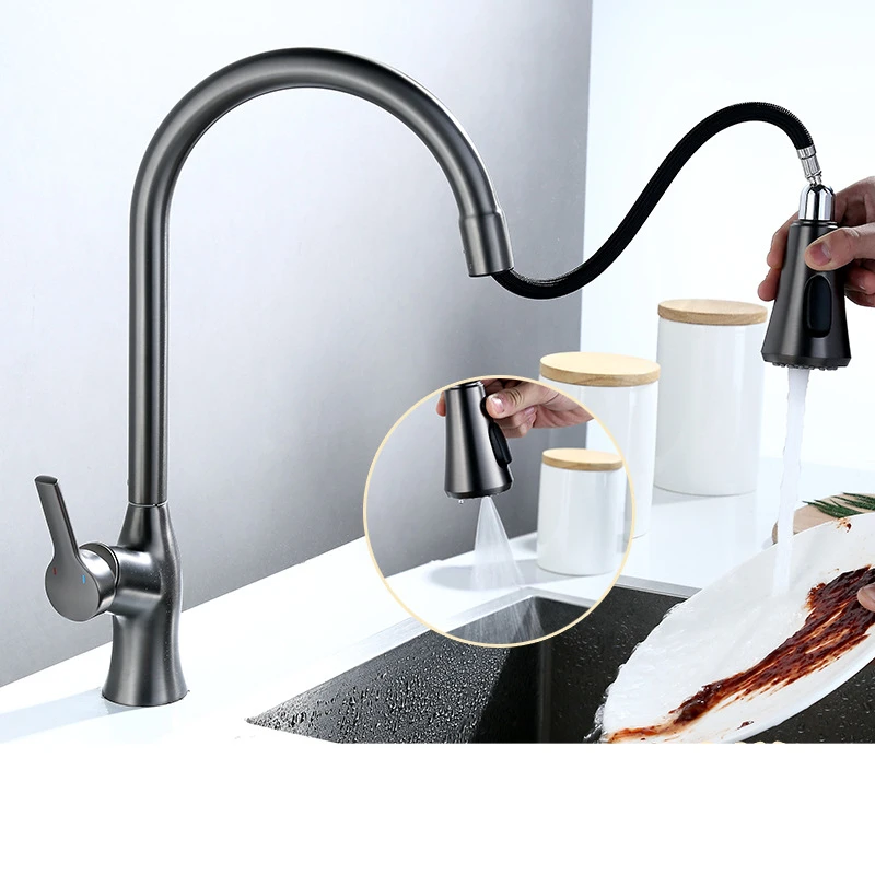 

Brushed Gun Gray Hot Cold Kitchen All-copper Faucet Pull-out Wash Basin Balcony Laundry Pool Multi-function Single Hole