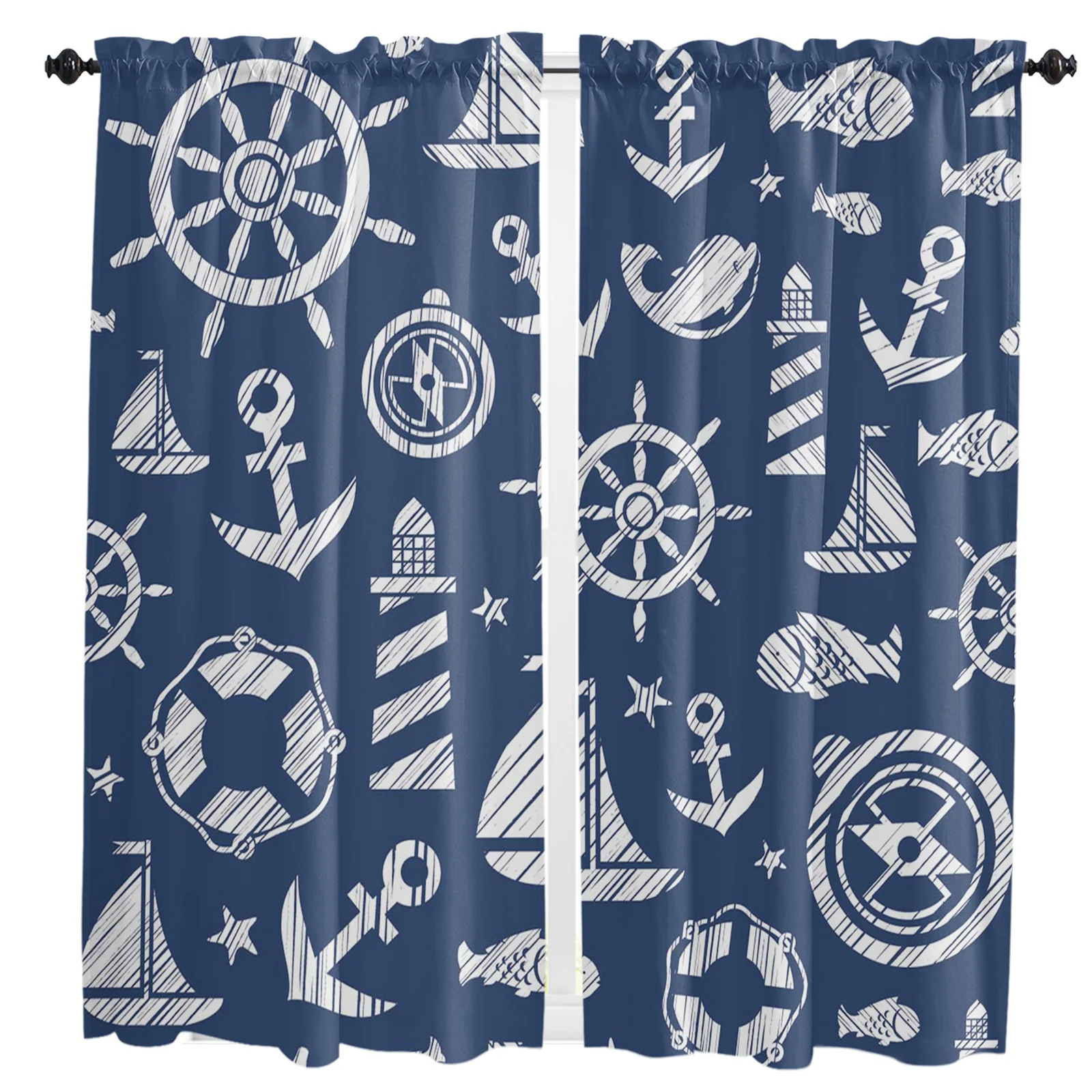 Blue Anchor Boat Fish Curtains For Living Room Kitchen Curtain Bedroom Decorative Window Treatments Home Essentials Drapes