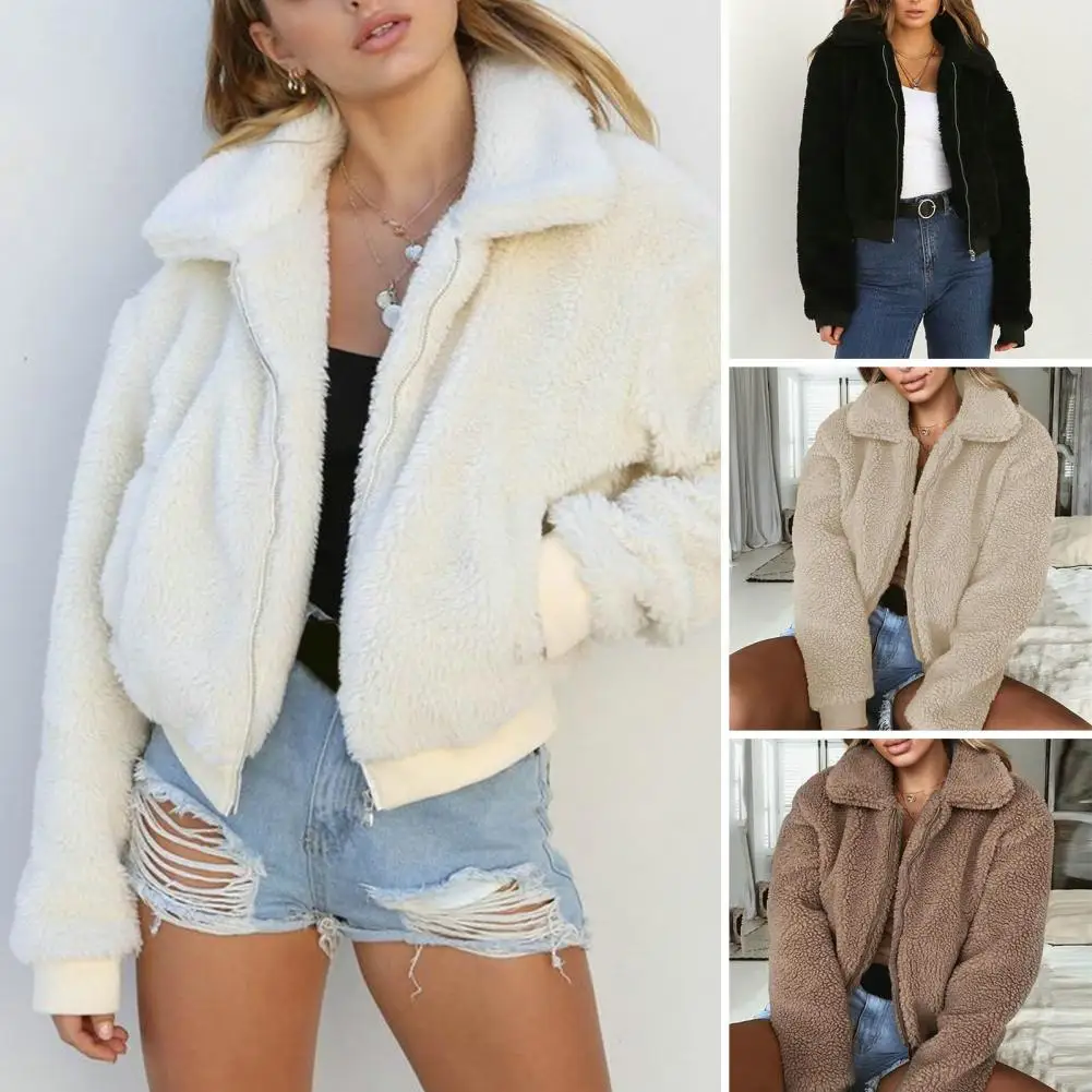 

Women Solid Color Coat Cozy Women's Winter Jackets Plush Warm Stylish Outerwear with Lapel Collar Zipper Closure Convenient