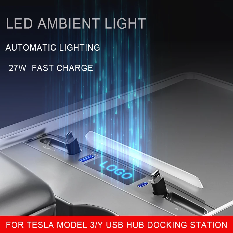 

Car Docking Station for Tesla 27W Quick Charger USB Shunt Hub for Model 3 Model Y Central Control Splitter with Ambient Lights