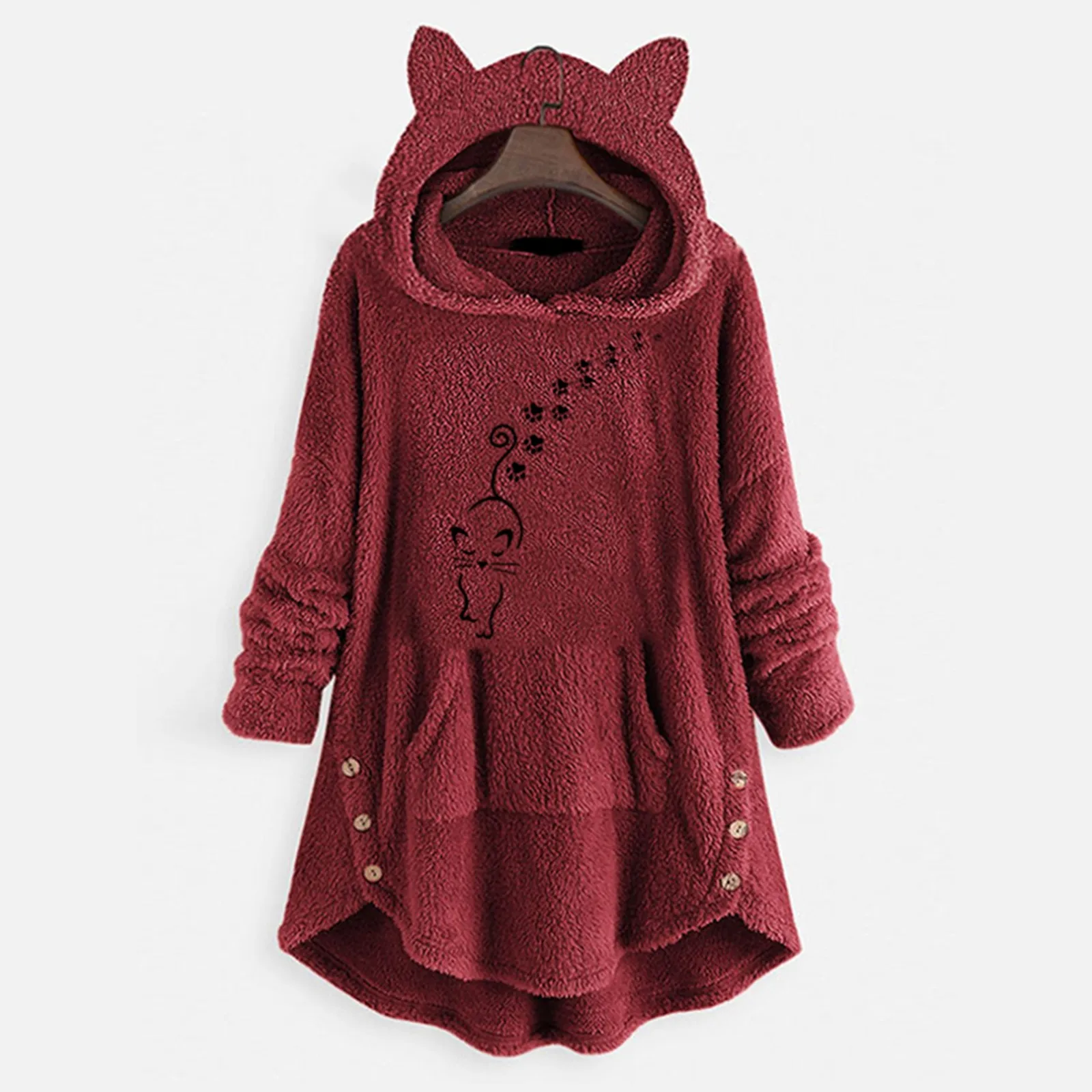 

Long Sleeve Pockets Cat With Button Printed Hoodies Cute Top Ear Hoodie Women Hoodies Sweatshirts Loose Hooded Sweatshirt Women