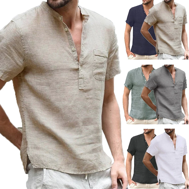 Men's Tee Fashion Cotton Linen Casual Shirts Male Short Sleeve V-Collar Breathable Camisa Jawaianas Hombre Men Clothing white