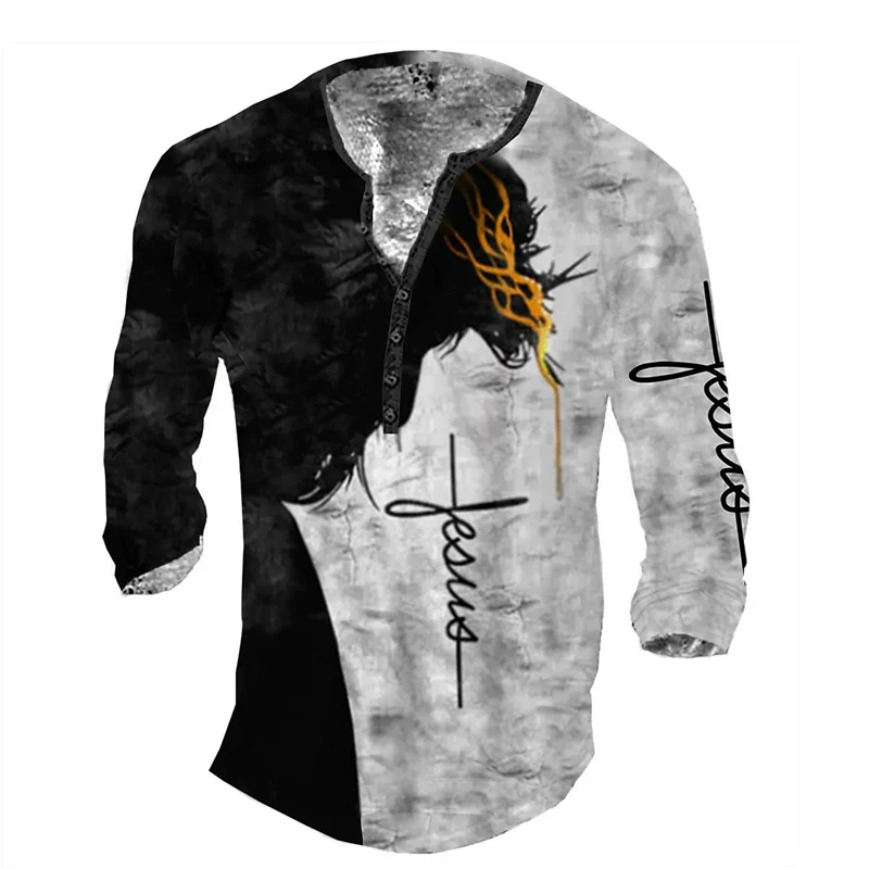 

Vintage Jesus Christ V-neck Henley Shirt 3d Crucifix Long Sleeve T Shirt For Men Oversized Tops Tee Shirt Man Punk Streetwears