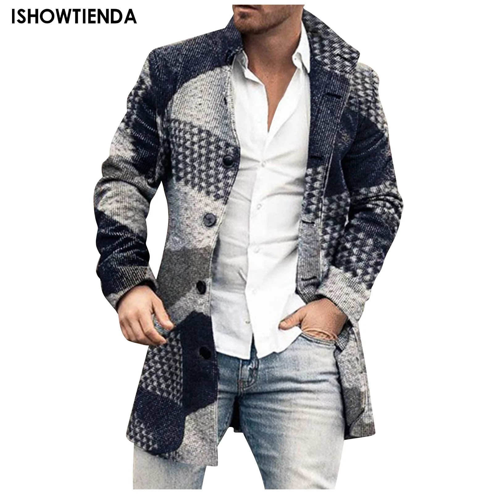 

Mens Wool Blends Jacket Spring Autum Trench Overcoat Warm Wool Outwear Long Black White Plaid Blends Coat Male Plus Size