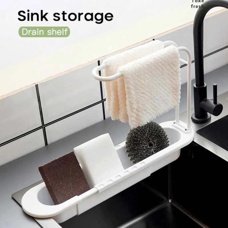 

Kitchen Telescopic Sink Shelf Drainer Rack Kitchen Organizer Soap Sponge Holder Towel Rack Storage Basket Kitchen Accessories