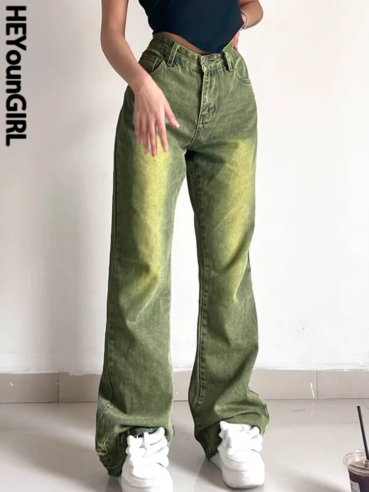 

HEYounGIRL Retro Women High Waist Jeans Tie Dye Embroidery Denim Wide Trousers Harajuku Casual Fashion Baggy Jeans Street Cloth