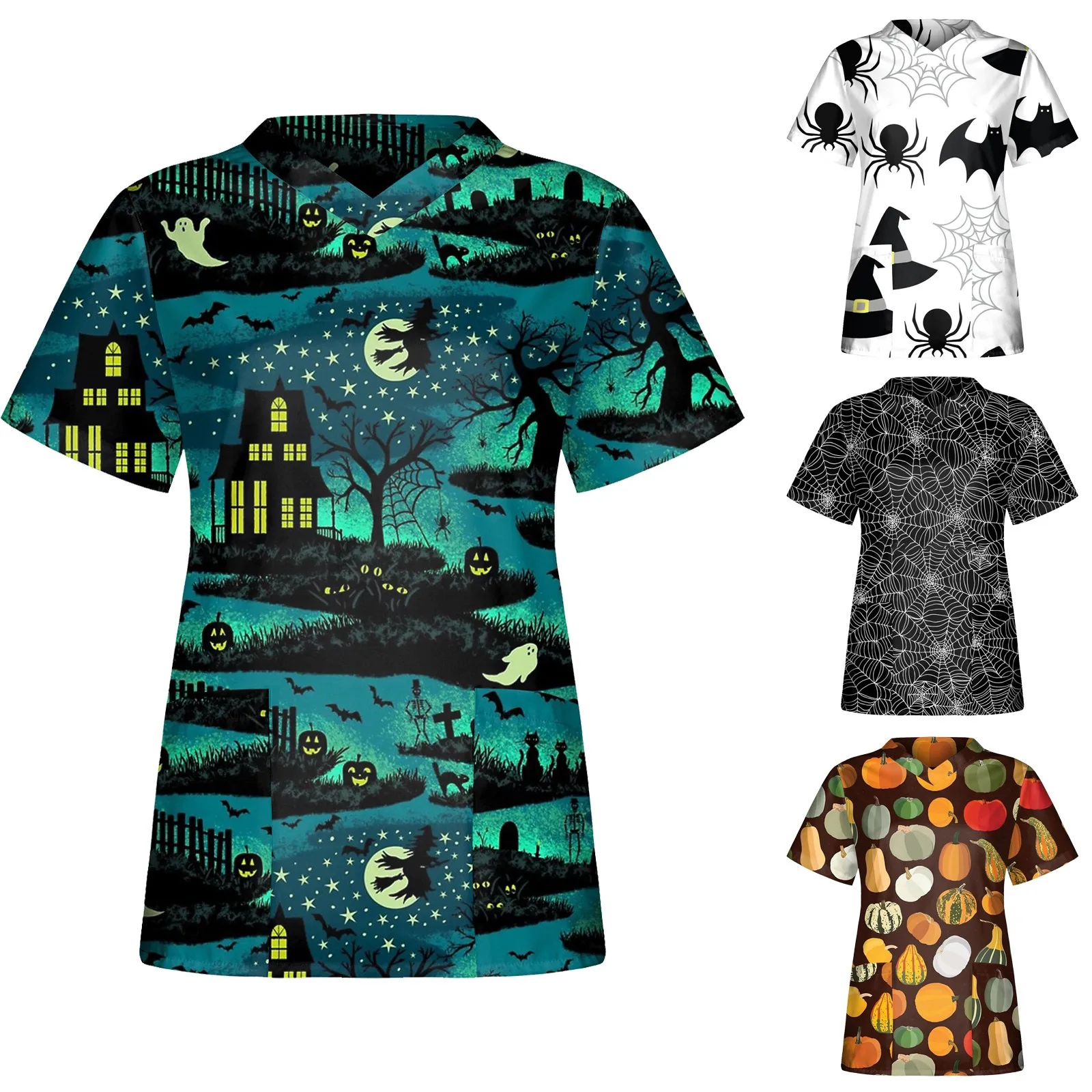 

New Summer Women's Clothing V-neck Short Sleeve Tops Printed Tees Casual Loose T-shirt Plus Size Nursing Uniform S - Xxl
