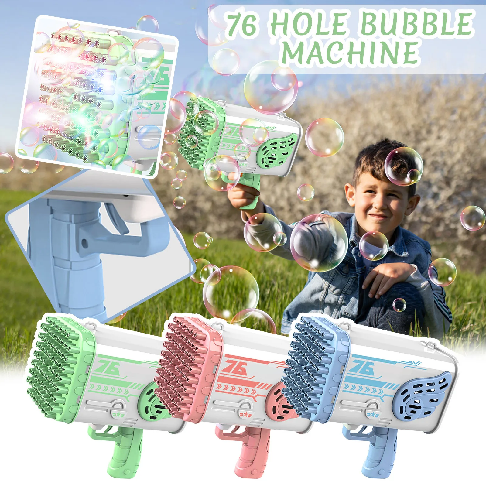 

Children's hand-held bubble gun 69 hole light effect bazooka bubble machine fully automatic Gatling toy