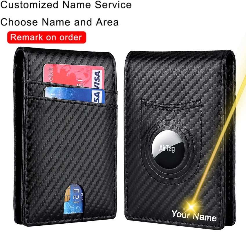 

Customized Name RFID Men Airtags Wallet Business Purse Genuine Leather Wallet Carbon Fibre Apple AirTag Card Holder Smart Wallet