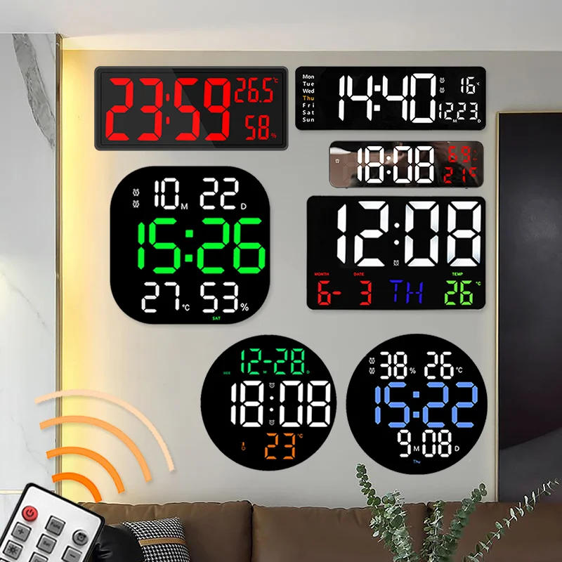 Large Screen LED Digital Wall Clock Temperature Date Day Display Hanging Electronic Clock with Remote for Bedroom Office Decor