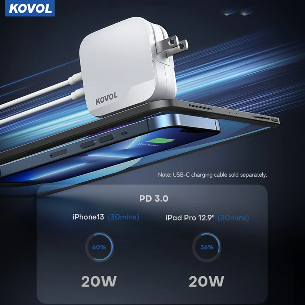 Зарядное устройство KOVOL с двумя портами USB Type-C, 20 Вт, Quick Charge 3,0