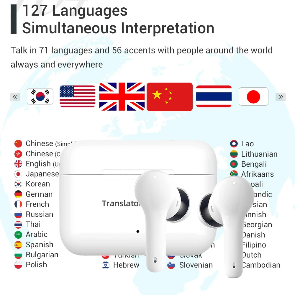 Enlarge 2022 M6 Translation Headphones 127 Languages Instant Translated Smart Voice Translator Wireless Bluetooth Translator Earphone