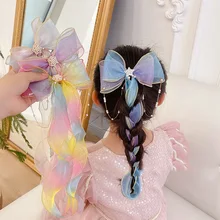Pearl Chain Girls Mesh Streamer Hair Bows Bowknot Tassel Ponytail Clips Gradient Braiding Hairpin Grips Hair Accessories