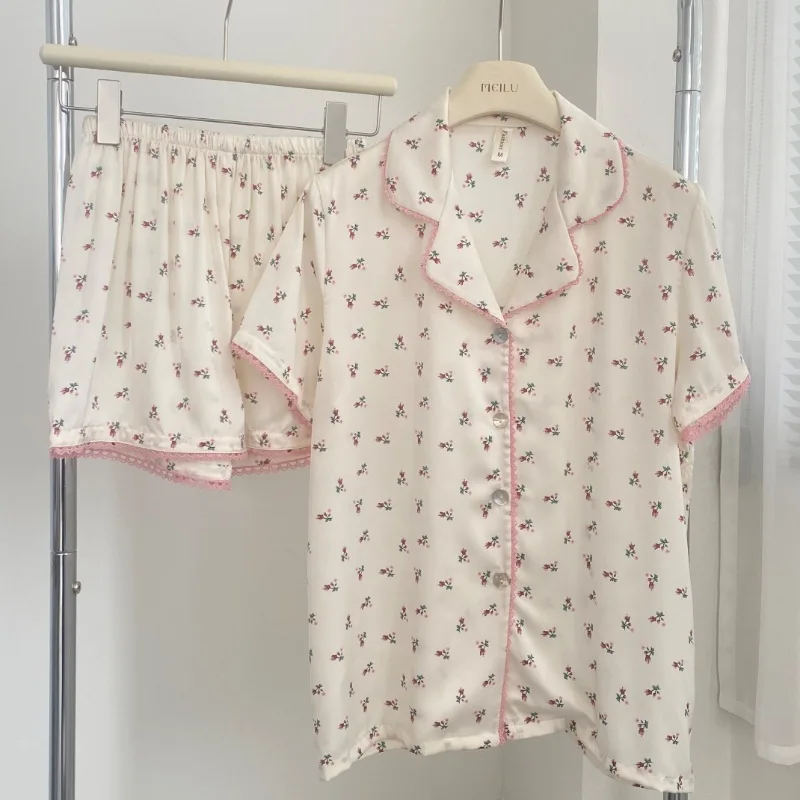 

Sleepwear Summer Homewear Women 2 Pieces Nightwear Floral Print Pajamas Set Short Sleeve Top And Shorts Set