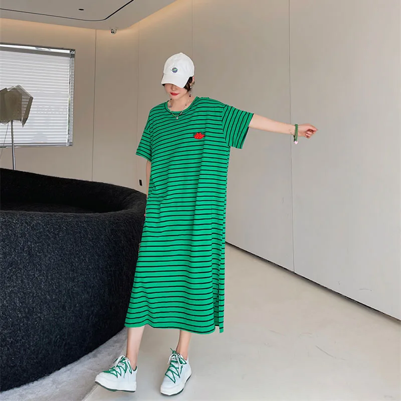 

Женское длинное платье-рубашка в полоску, повседневное свободное платье-рубашка в Корейском стиле с круглым вырезом и разрезом, лето 2023