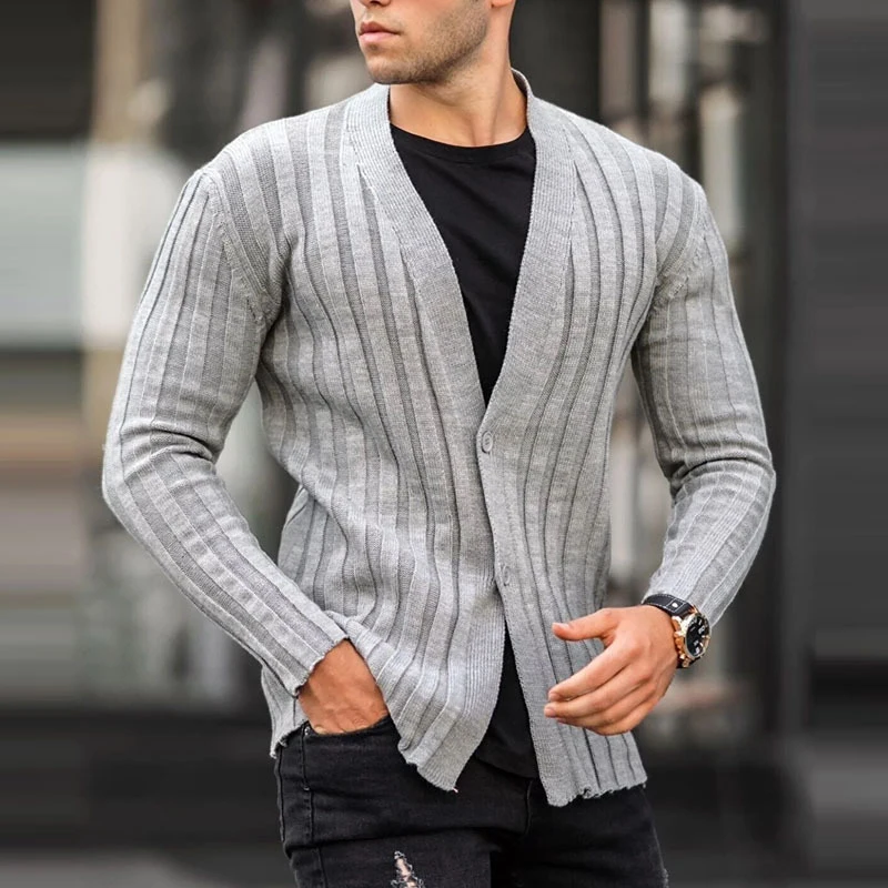 

Зимний модный полосатый свитер, топы, Осеннее однобортное вязаное пальто с V-образным вырезом, верхняя одежда, мужские куртки с длинным рука...