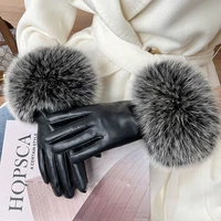 new leather touch screen gloves womens winter lambskin sheepskin plus velvet warm with fox fur temperament fur gloves