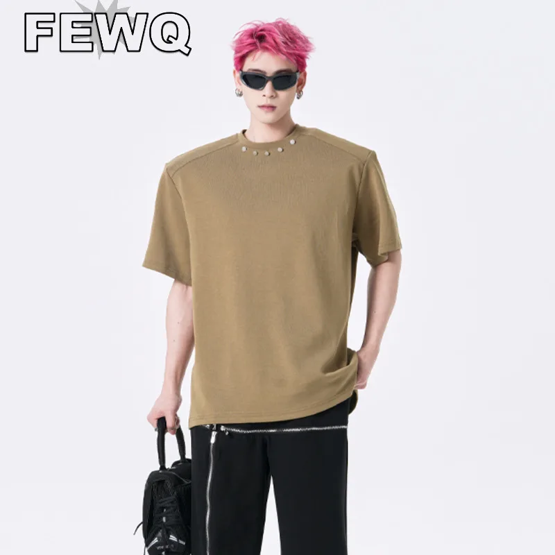 

Футболка FEWQ мужская с металлическими пуговицами, нишевой дизайн, футболка с коротким рукавом, топ в стиле Хай-стрит, Y2k, хип-хоп, лето, 24B2685