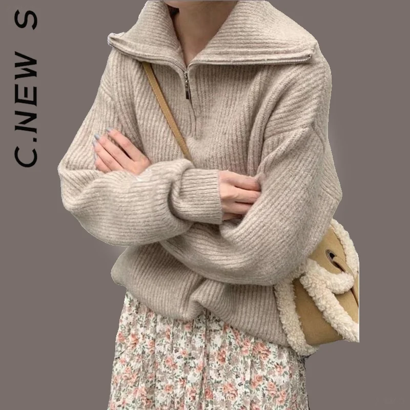 

C.New S Zipper Knitted Women Sweater New Popular Slim Sweaters Ladies Casual Jumper Top Women Soft Female Women's Clothing
