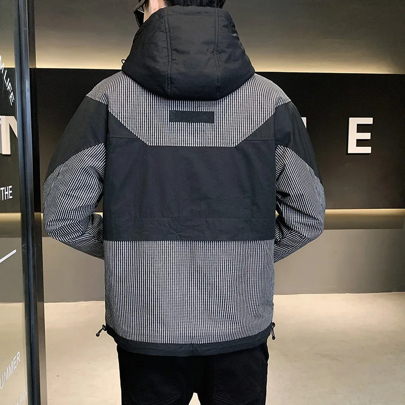 Jacket Men's Autumn Clothing Tooling Cotton Thick Jacket Winter 4XL Outwear Hooded Coat Slim Parka Double Zipper Stripe Jaqueta