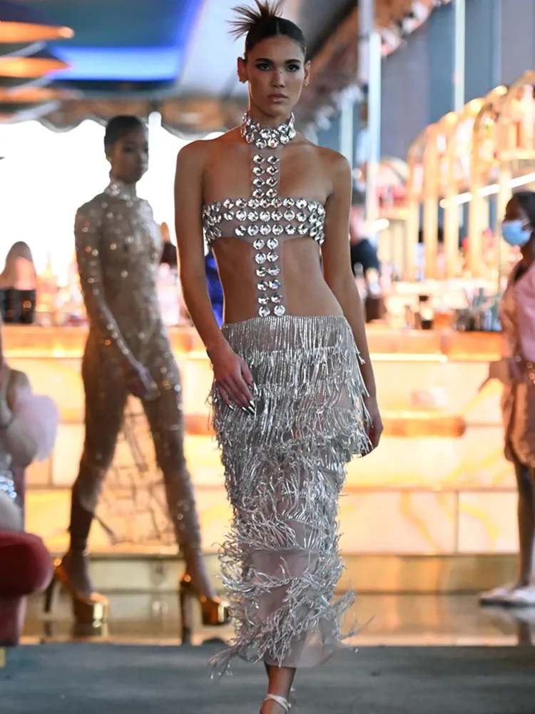 

Summer Women Luxury Sexy Hanging Neck Rhinestone Open Back Mesh Sequin Tassel Long Dress Elegant Evening Club Dress