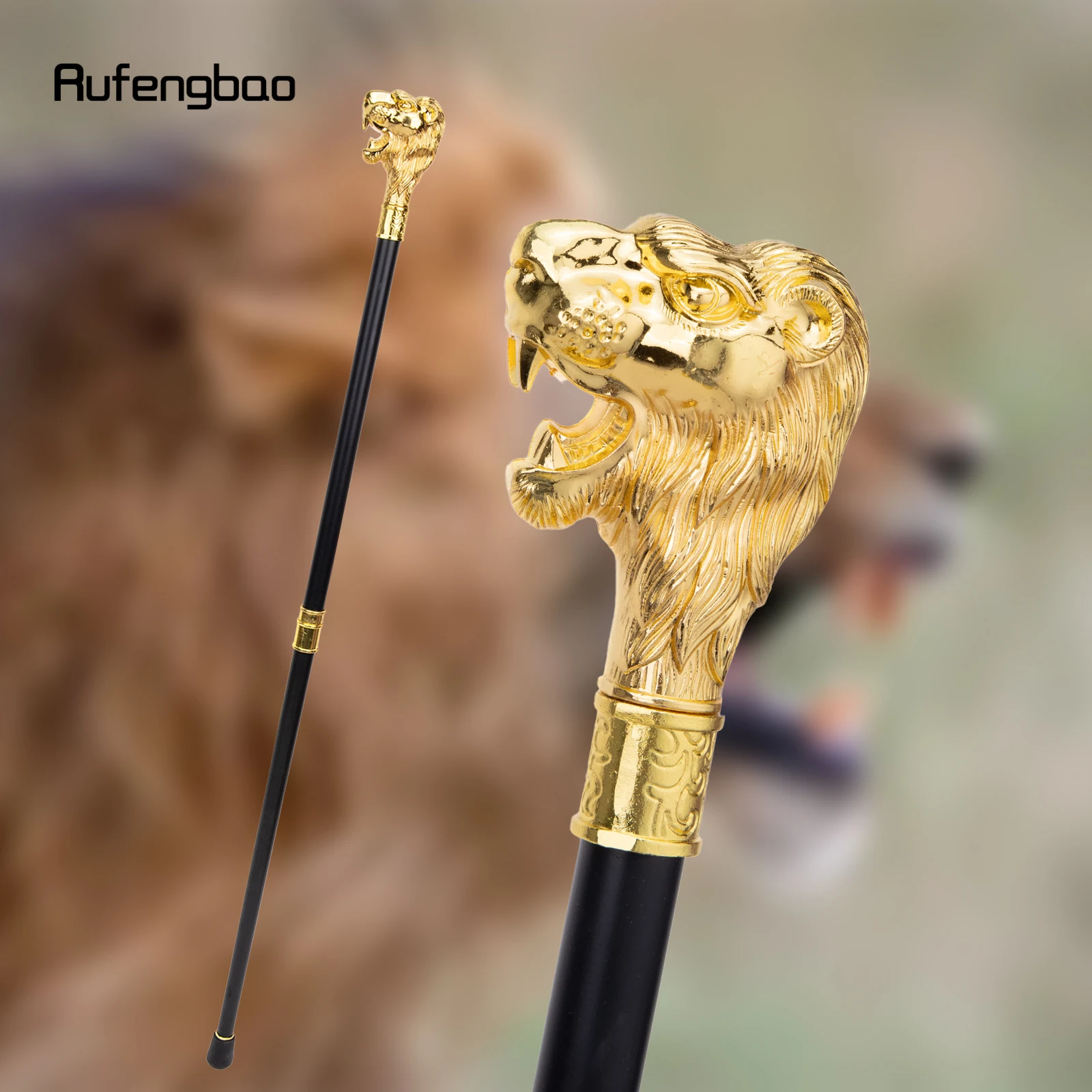 

Gold Lion Head with Mustache Walking Stick with 30cm Hidden Plate Self Defense Fashion Cane Plate Cosplay Crosier Stick 93cm