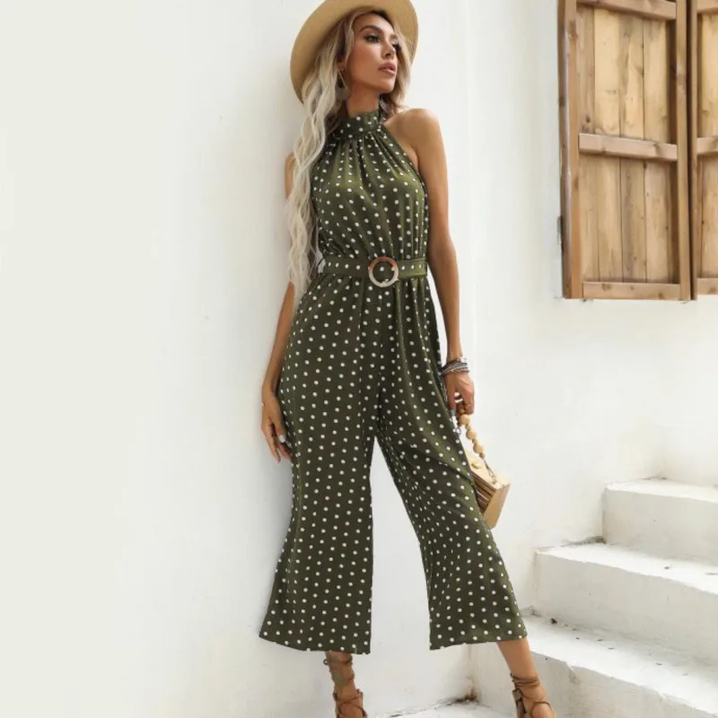 

Women's Summer Hanging Neck Style Polka Dot Sleeveless Jumpsuit Ladies Belt One Piece Fashion Sexy Capris Wide Leg Pants
