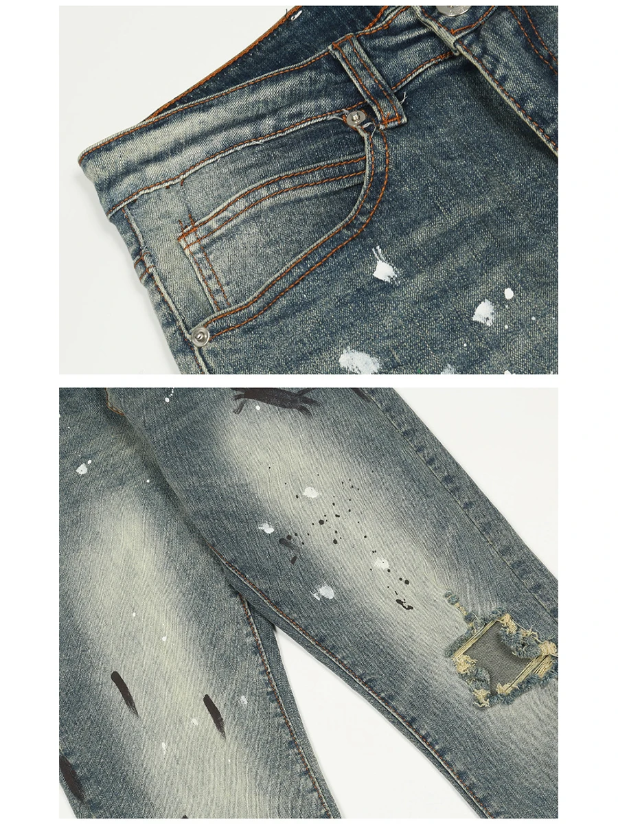 Four Seasons Men's Jeans High Street Graffiti Pants Straight Ripped Casual Trousers Y2k Men Jeans Streetwear Ins Hot Sale JEANS